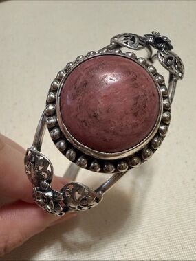 Elegant Antique Vintage Sterling Silver 925 Pink Stone Cuff Bracelet Rare Find